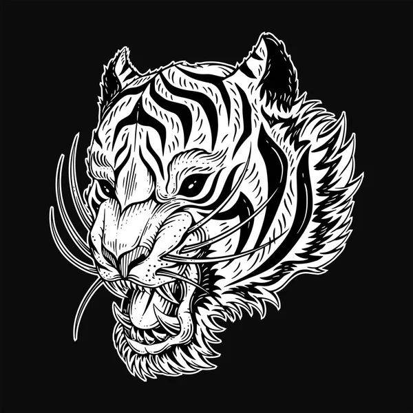 タイガーヘッド怒っている獣タトゥーのための轟音牙黒と白の手描きイラスト — ストックベクタ