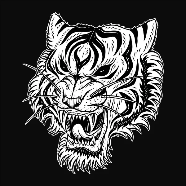 Ревущие Клыки Тигроголового Зверя Татуировки Одежда Мерч Черно Белая Рисунок — стоковый вектор