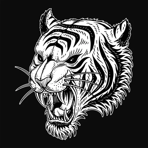 Tiger Head Angry Beast Řvoucí Tesáky Pro Tetování Oblečení Černé — Stockový vektor