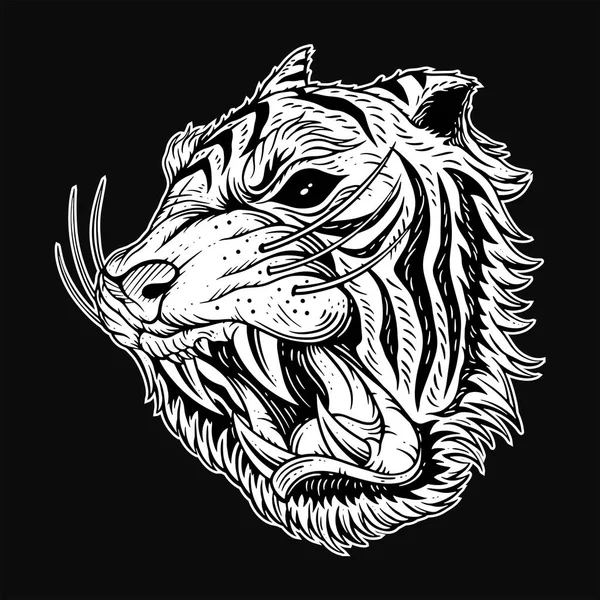 Tiger Head Arga Odjuret Rytande Huggtänder För Tattoo Kläder Svart — Stock vektor