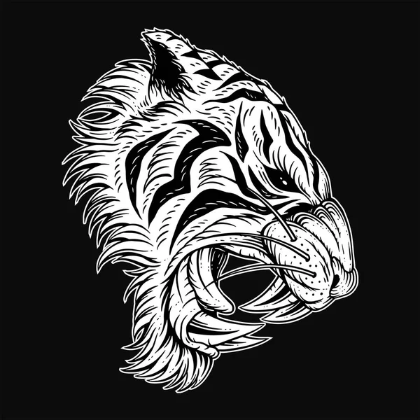 Tiger Head Angry Beast Roaring Fangs Tattoo Clothing Black White — Stock Vector