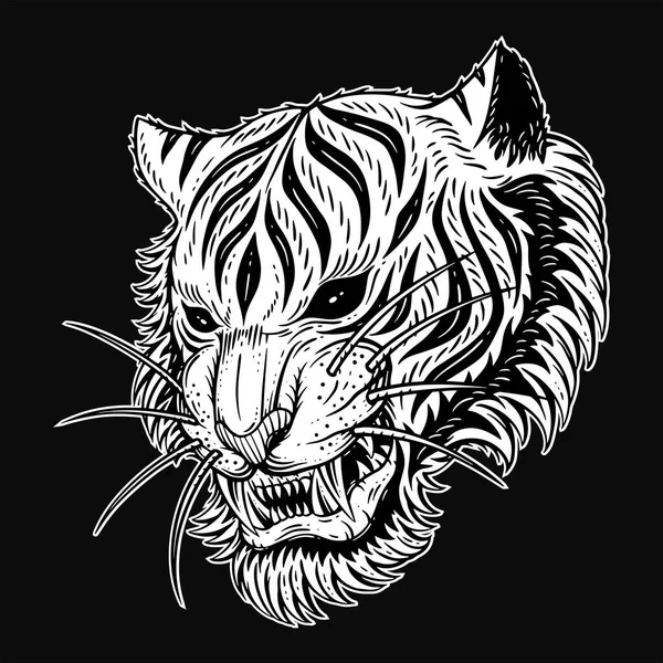 虎头愤怒野兽咆哮的尖牙为纹身服装和默契黑色和白色手绘插图 — 图库矢量图片