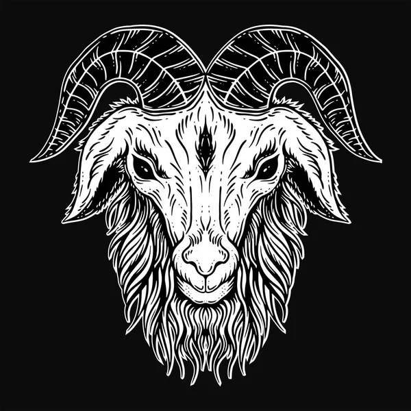 Dark Art Goat Head Horns Sheep Satanic Black White Tattoo — Stock Vector