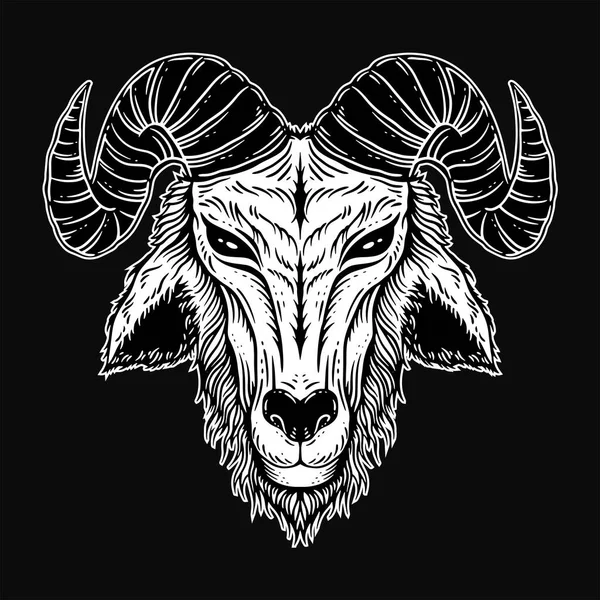 Dark Art Ziegenkopf Hörner Schafe Satanischen Schwarz Weiß Für Tätowierung — Stockvektor