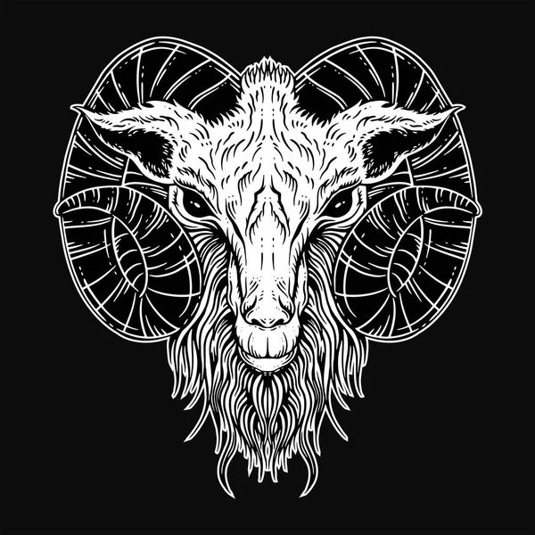 Dark Art Goat Head Horns Sheep Satanic Black White Tattoo — Stock Vector