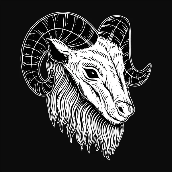 Satanistický Kozí Hlava Rohy Ovce Lebka Tmavé Umění Černá Bílá — Stockový vektor