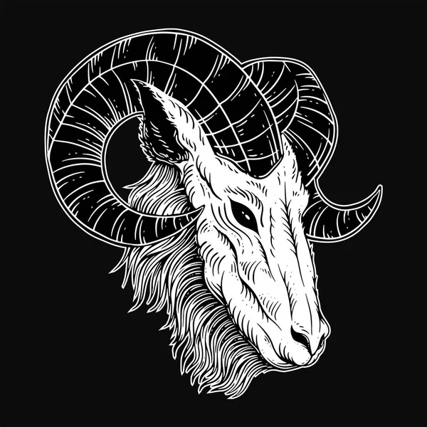 Dark Art Goat Head Hoorns Schapen Satanisch Zwart Wit Voor — Stockvector
