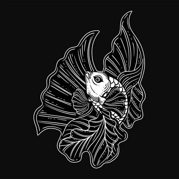 Dessinée Main Betta Fish Aquatic Black White Vintage Dark Art — Image vectorielle