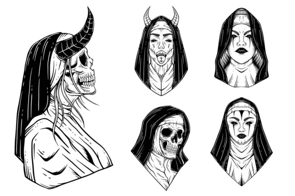 Set Bundle Prayer Girl Nun Tattoo Horror Women Skull Horn — Stock Vector