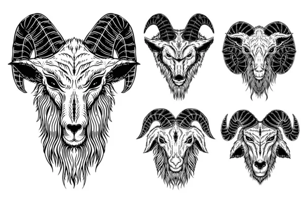 Set Bundle Satanic Goat Head Horns Sheep Skull Dark Art — Stock Vector