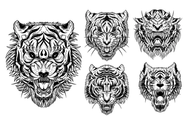 Set Bundle Tiger Head Angry Beast Талісман Татуювання Одяг Чорно — стоковий вектор