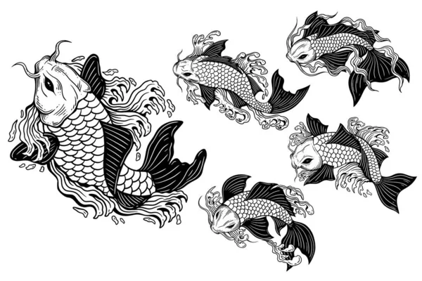 stock vector Set Bundle Hand Drawn Koi Fish Aquatic Black White Vintage Dark Art for Tattoo and Clothing illustration