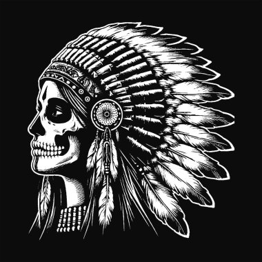 Geleneksel Şapkalı Kafatası Hint Apaçi Kız Grunge Klasik El Çizimi Siyah ve Beyaz