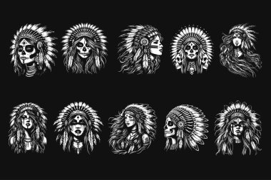 Geleneksel Şapka Grunge Klasik El Çizimi Siyah ve Beyaz Çizimleri olan Kafatası Kızılderili Apaçi Kız