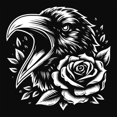 Crow Head with Rose Flower Grunge Vintage El Çizimi Siyah ve Beyaz