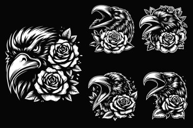 Crow Head with Rose Flower Grunge Vintage El Çizimi Siyah ve Beyaz