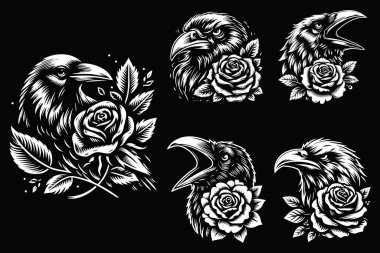 Crow Head with Rose Flower Grunge Vintage El Çizimi Siyah ve Beyaz