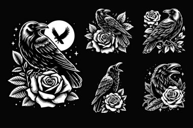 Rose Flower Grunge 'la Karga Standı Klasik El Çizimi Siyah ve Beyaz