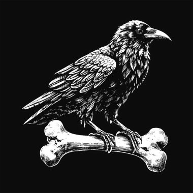 Kara Sanat Kargaları Kurukafa ve Kemik Grunge Merch için Eski usul resimli Kuzgun Kuşu