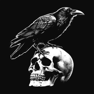 Kara Sanat Kargaları Kurukafa ve Kemik Grunge Merch için Eski usul resimli Kuzgun Kuşu