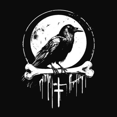 Kara Sanat Kargaları Kurukafa ve Kemik Grunge Merch için Eski usul resimli Kuzgun Kuşu