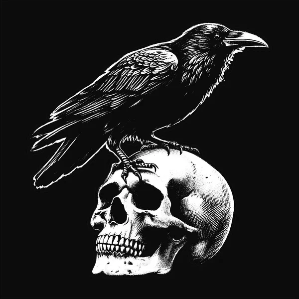 Kara Sanat Kargaları Kurukafa ve Kemik Grunge Merch için Eski usul resimli Kuzgun Kuşu