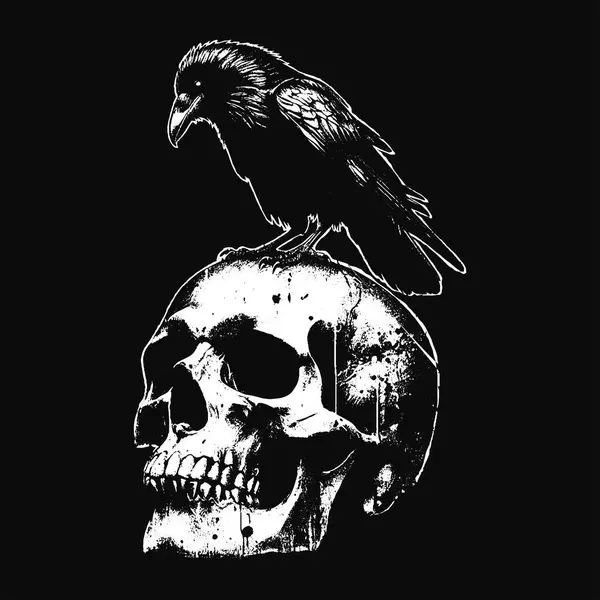 Kara Sanat Kargaları Kurukafa ve Kemik Grunge Merch için Eski usul resimli Kuzgun Kuşu