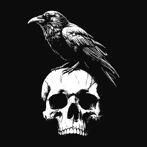 Kara Sanat Kargaları Kurukafa ve Kemik Grunge Merch için Eski usul resimli Kuzgun Kuşu