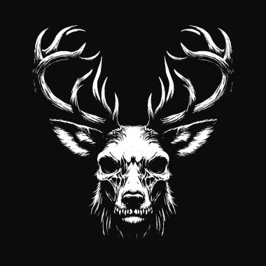 Kara Sanat Geyiği Geyiği Koca Boynuzlu Hayvan Kafatası Korkunç Grunge Tarzı Merch için
