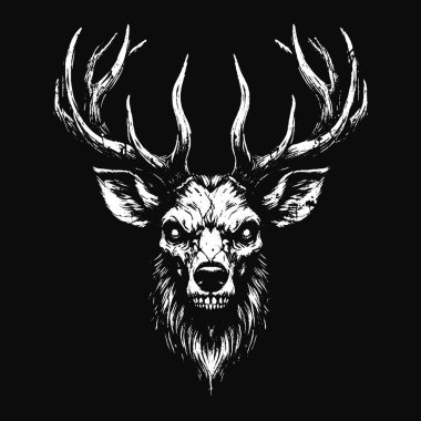 Kara Sanat Geyiği Geyiği Koca Boynuzlu Hayvan Kafatası Korkunç Grunge Tarzı Merch için