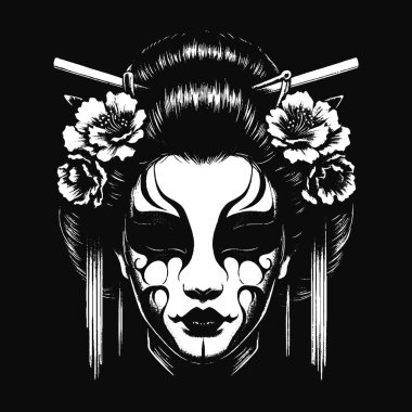 Koyu Geyşa Japon Doğu Kızı Kafatası Sanat Dövmesi Grunge Klasik Resim