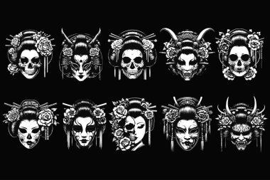 Set Sanatı Kara Geyşa Japon Doğulu Kız Kafatası Maskeli Sanat Dövmesi Klasik Resim