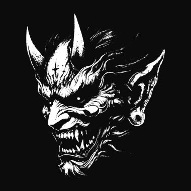 Kara Hannya Maskesi Japon Oni Şeytani Doğu Korku Sanatı Grunge Klasik Eski Okul İllüstrasyonu