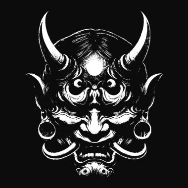 Kara Hannya Maskesi Japon Oni Şeytani Doğu Korku Sanatı Grunge Klasik Eski Okul İllüstrasyonu