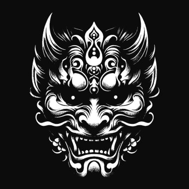 Kara Hannya Maskesi Japon Oni Şeytani Doğu Korku Sanatı Grunge Klasik Eski Okul İllüstrasyonu