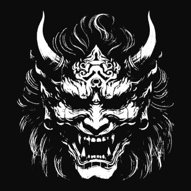 Kara Hannya Maskesi Japon Oni Şeytani Doğu Korku Sanatı Grunge Klasik Eski Okul İllüstrasyonu