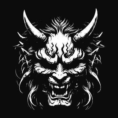 Kara Hannya Maskesi Japon Oni Şeytani Doğu Korku Sanatı Grunge Klasik Eski Okul İllüstrasyonu