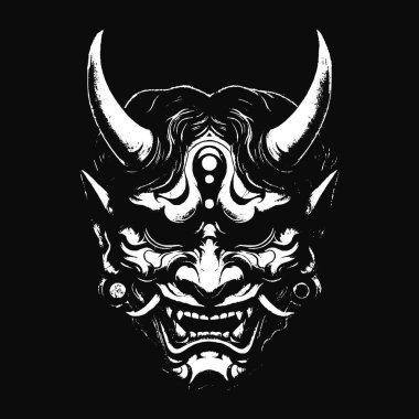 Kara Hannya Maskesi Japon Oni Şeytani Doğu Korku Sanatı Grunge Klasik Eski Okul İllüstrasyonu