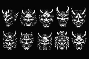 Koyu renk Sanat Hannya Maskesi Japon Oni Şeytan Doğu Korku Sanatı Grunge Klasik Eski Resim