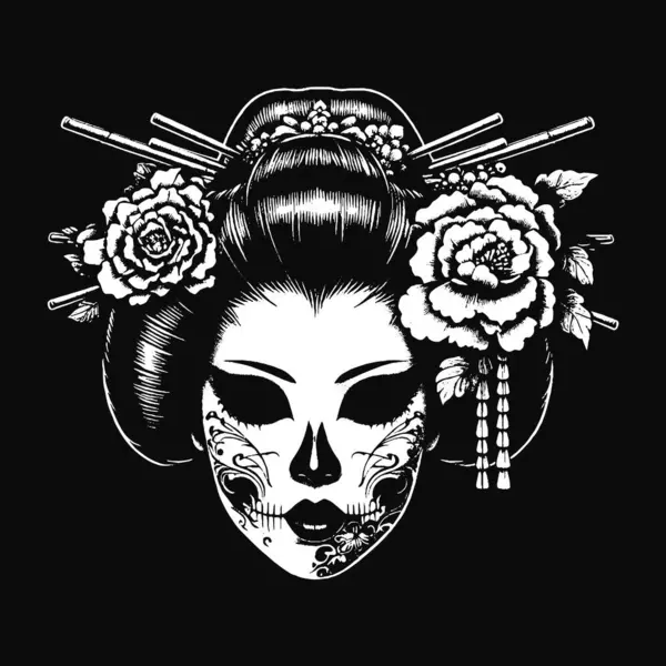 Koyu Geyşa Japon Doğu Kızı Kafatası Sanat Dövmesi Grunge Klasik Resim