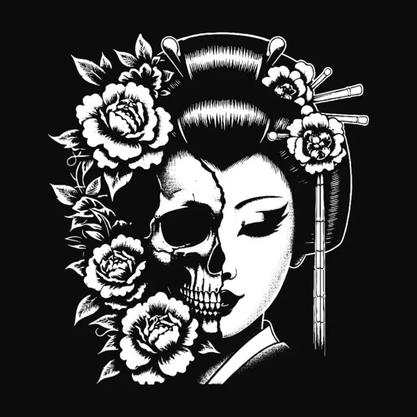 Koyu Geyşa Japon Doğu Kızı Kafatası Sanat Dövmesi Grunge Klasik Resim