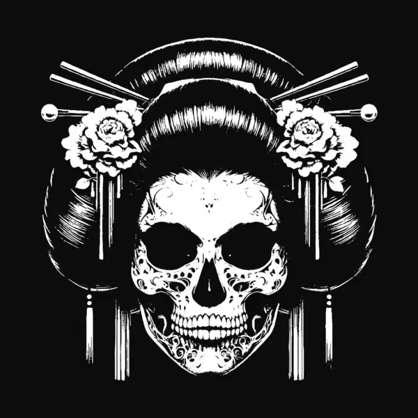 Koyu Geyşa Japon Doğu Kızı Kafatası Sanat Dövmesi Grunge Klasik Resim