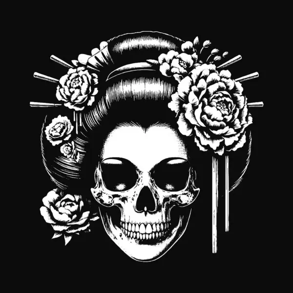 Koyu Geyşa Japon Doğu Kızı Kafatası Sanat Dövmesi Grunge Klasik Resim