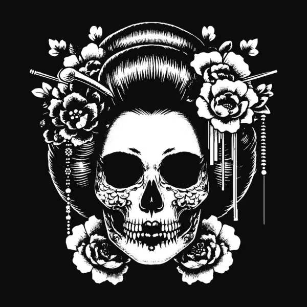 Koyu Geyşa Japon Doğu Kızı Kafatası Sanat Dövmesi Grunge Klasik Resim