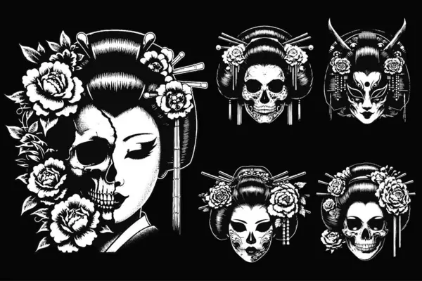 Set Art Dark Geyşa Japon Doğu Kızı Kurukafa Maskeli Sanat Dövmesi Grunge Klasik Resim