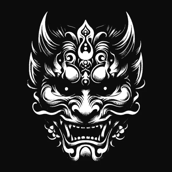 Kara Hannya Maskesi Japon Oni Şeytani Doğu Korku Sanatı Grunge Klasik Eski Okul İllüstrasyonu