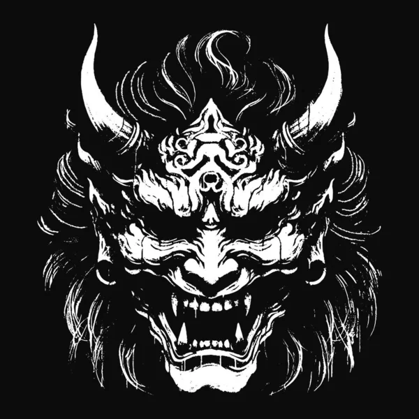Kara Hannya Maskesi Japon Oni Şeytani Doğu Korku Sanatı Grunge Klasik Eski Okul İllüstrasyonu