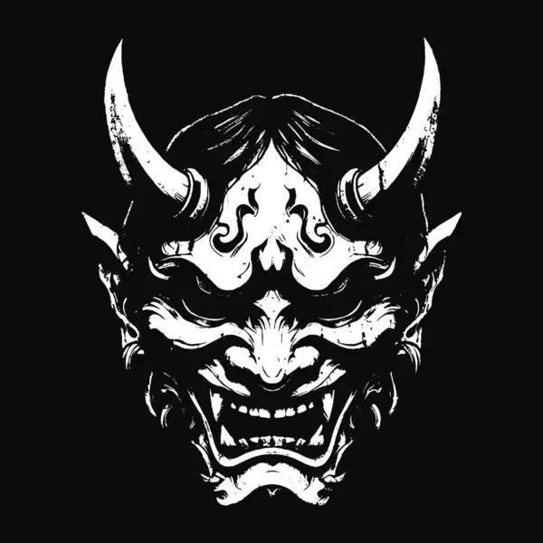 Kara Hannya Maskesi Japon Oni Şeytani Doğu Korku Sanatı Grunge Klasik Eski Okul İllüstrasyonu