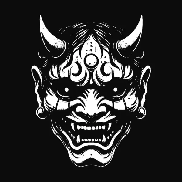 Kara Hannya Maskesi Japon Oni Şeytani Doğu Korku Sanatı Grunge Klasik Eski Okul İllüstrasyonu