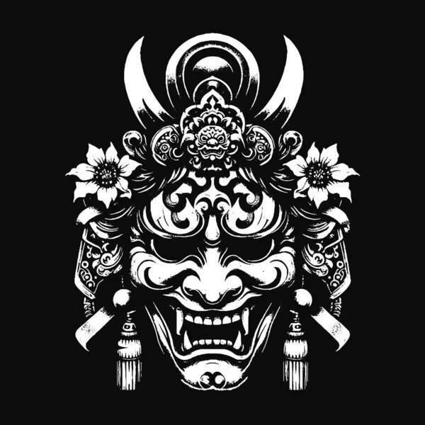 Kara Hannya Maskesi Japon Oni Şeytani Doğu Korku Sanatı Grunge Klasik Eski Okul İllüstrasyonu